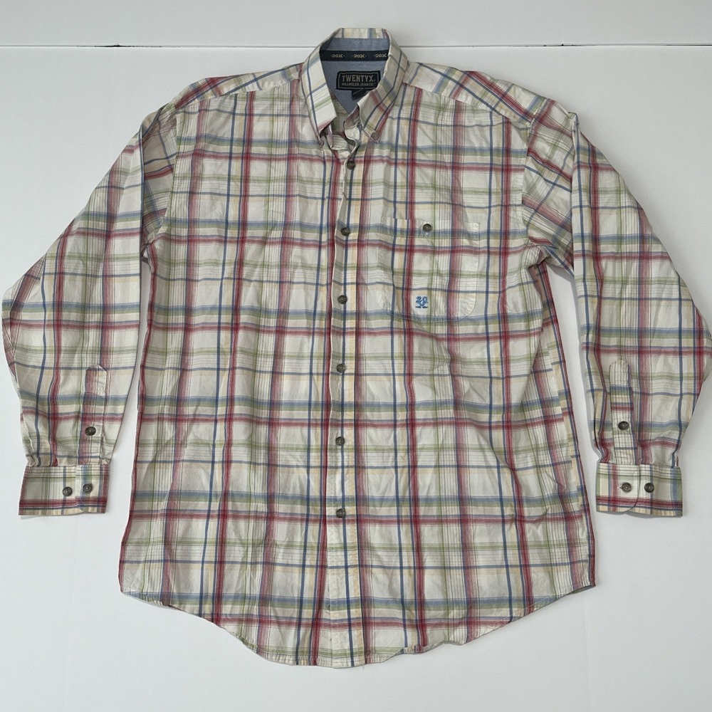 Wrangler 20X Mens Plaid Western Button Down Shirt‎ White Red Blue MJ23179 Medium